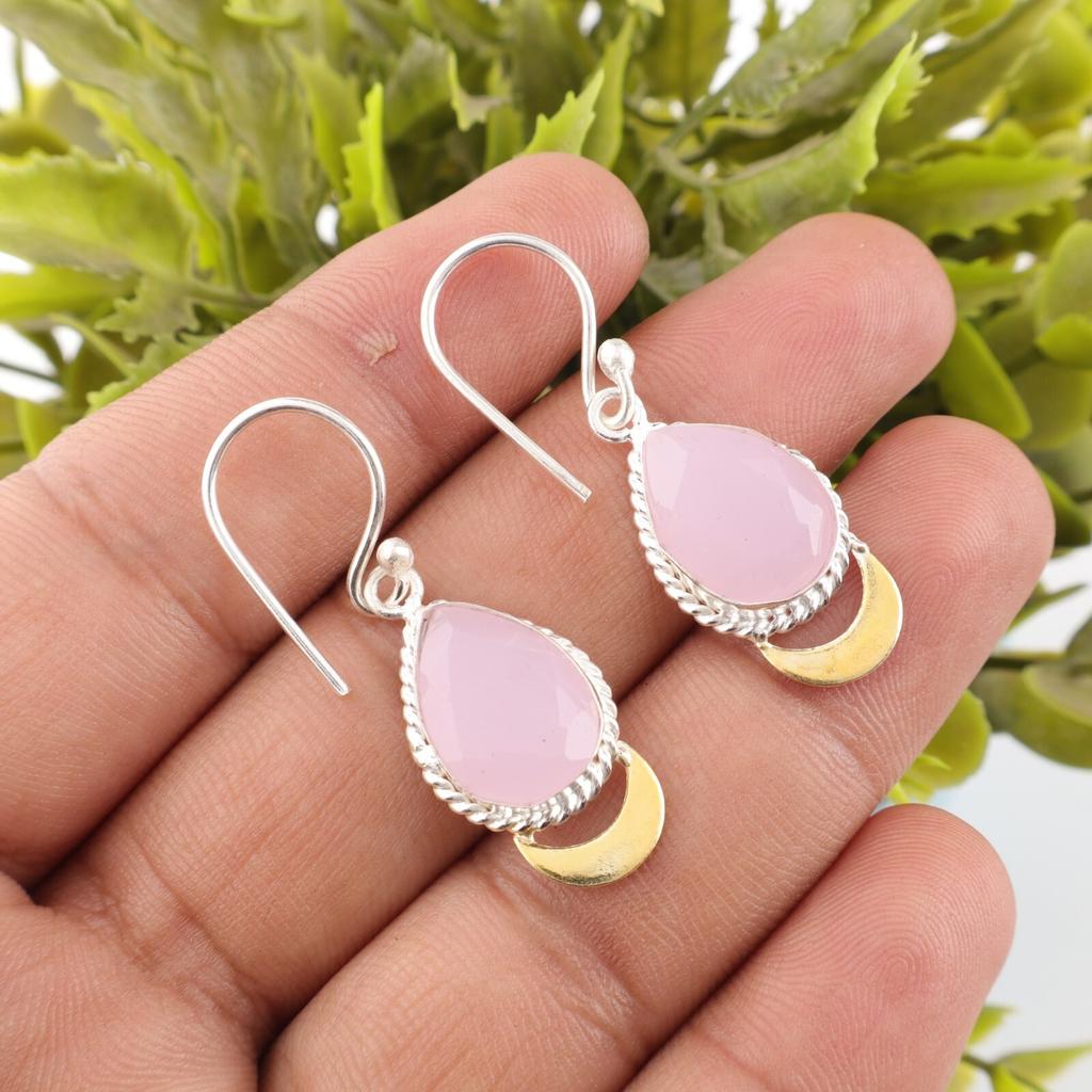 Rose Chalcedony Gemstone 925 Solid Silver Handmade Jewelry Dangle Earrings 1.5" EE-162-14