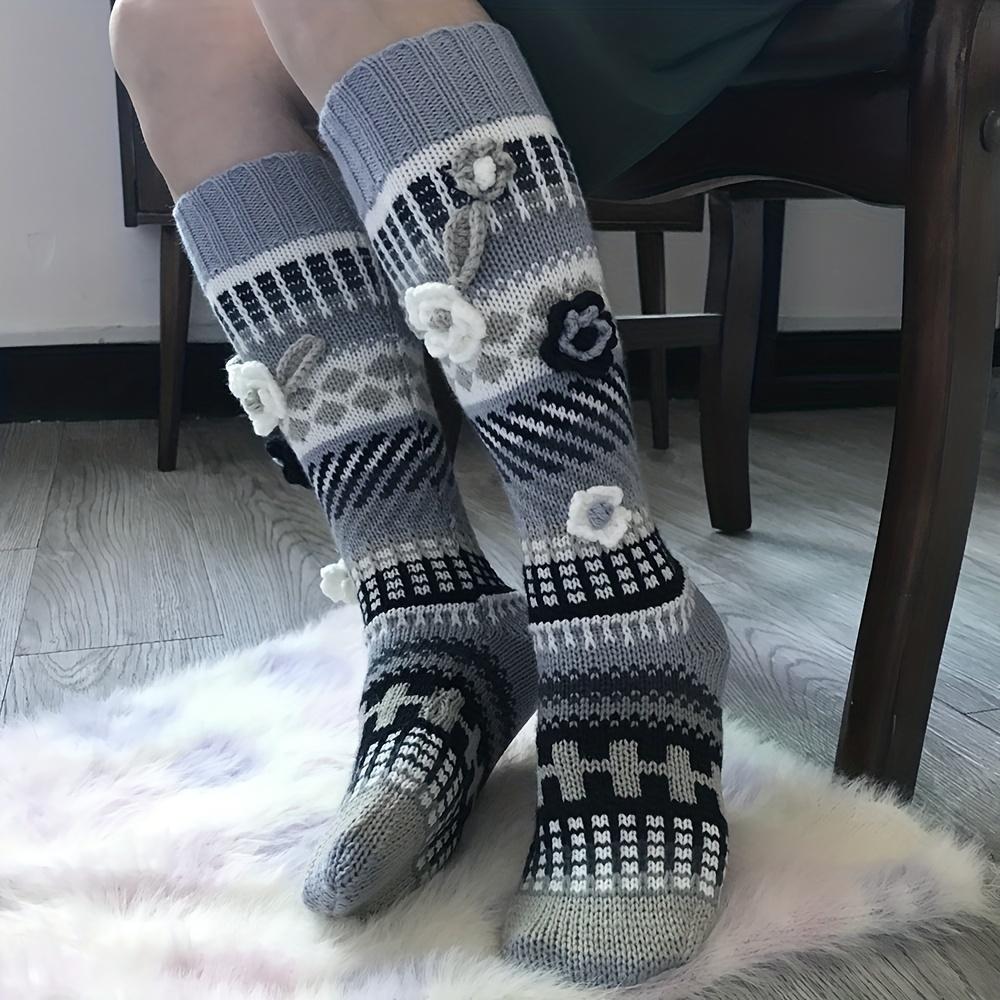 1 Pair Colorful Mid-Calf Women's Floor Sock Handmade Crochet Autumn Winter Long Hand-Crocheted Socks Keep Out the Cold Stay Warm