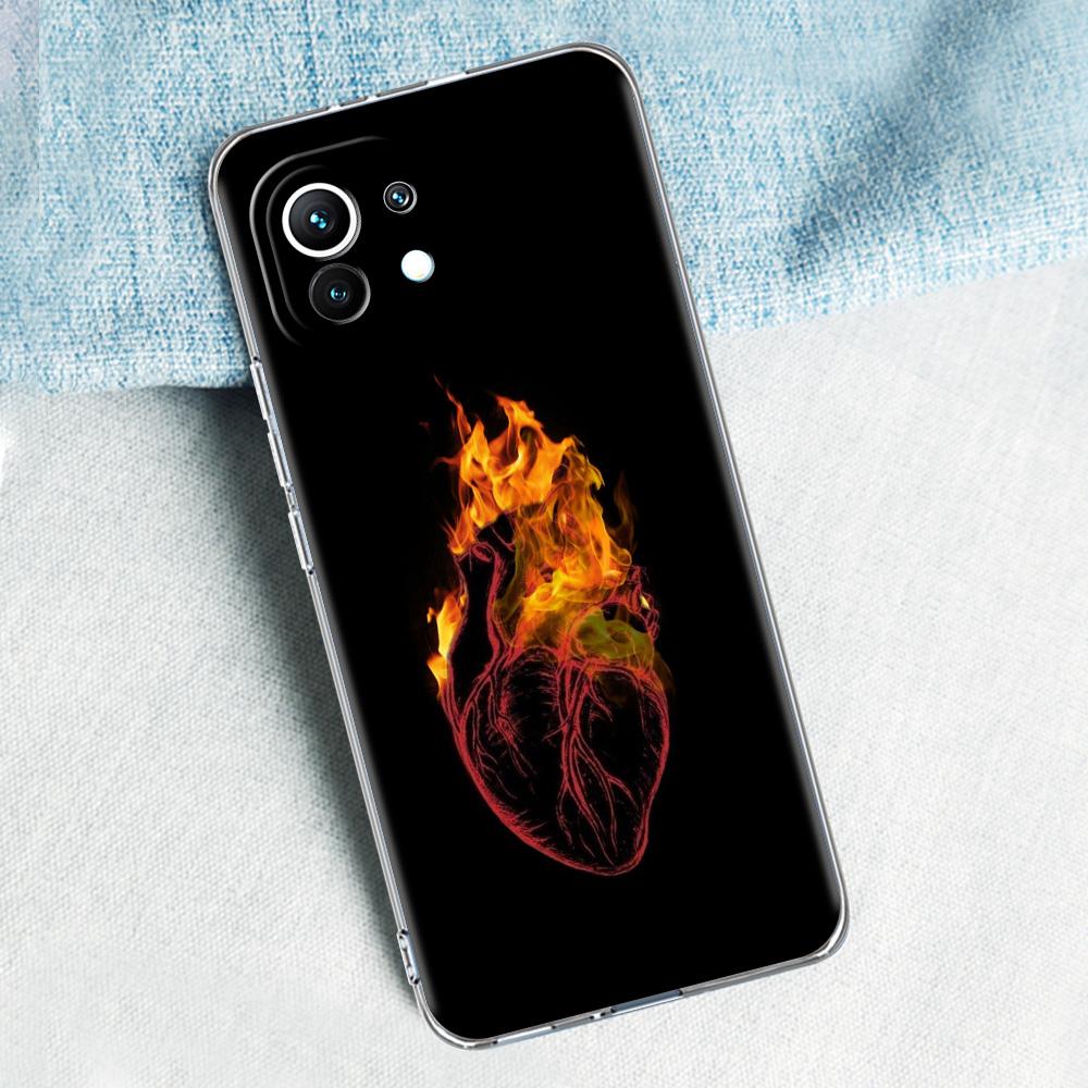 Phone Case For Xiaomi Mi 15 14 13 12 11 Lite 15T 13T 12T Pro Poco X7 X6 X5 Pro 5G X3 NFC F7 F6 F5 Clear Cover Flame Pattern