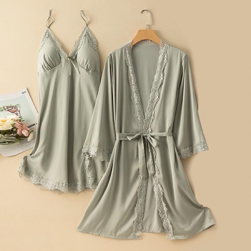Long-sleeved Pajamas Women's Summer Ice Silk Thin Sleeping Dress Two-piece Set Spring and Autumn Sexy Pure Desire Wind Backless Loungewear