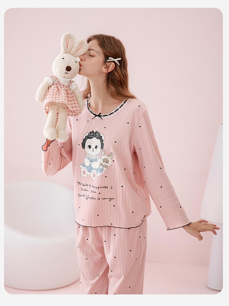 Fenteng [100% Cotton] Skin Friendly Round Neck Long Sleeved Puppy Sweet Girl Student Pajamas Home Suit Set