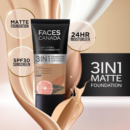 FACESCANADA All Day Hydra Matte Foundation Cream| 3-In-1 Foundation + Moisturizer + Spf 30 | 24 Hr Aloe Hydration & Vitamin C | 10Hr Long Wear  | 25Ml