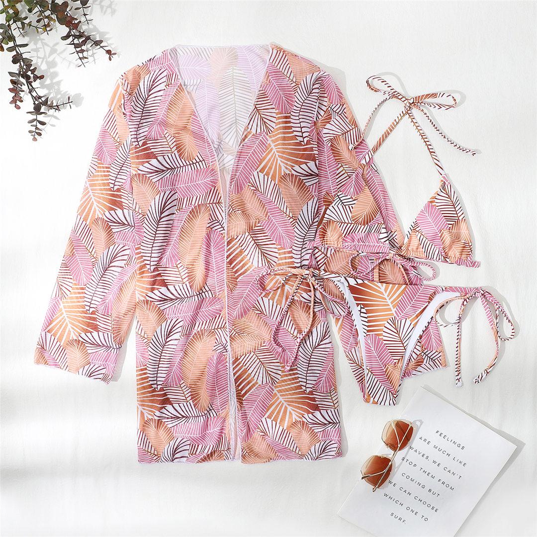 

С накидкой и принтом листьев, бикини, женские купальники, женский купальник, комплект бикини из трех частей, купальный костюм с лямкой на шее, купальный костюм для плавания M розовый