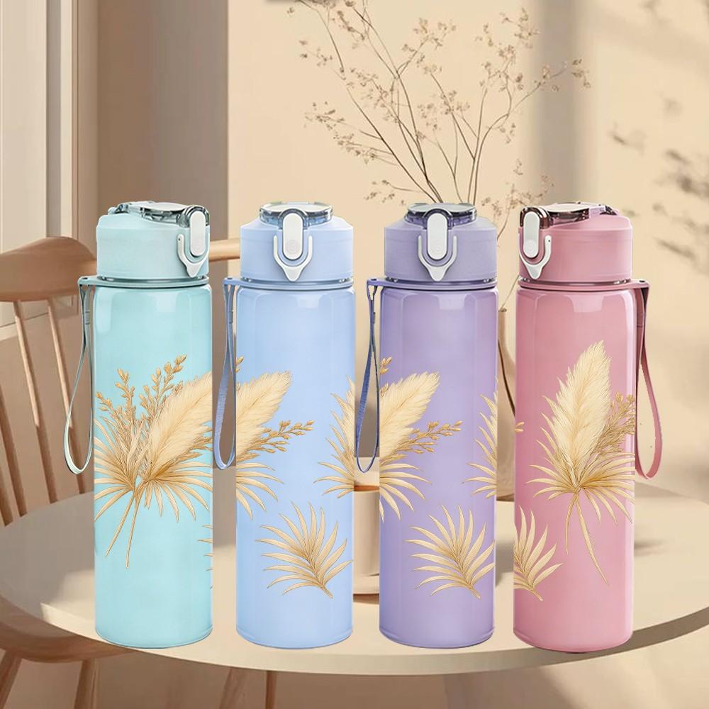 1PC Dry Beige Pampas Grass Bouquet Print 750ml Color Plastic Sports Water Bottle Leakproof Flip Straw Lid Suitable for Sports Office Home Use