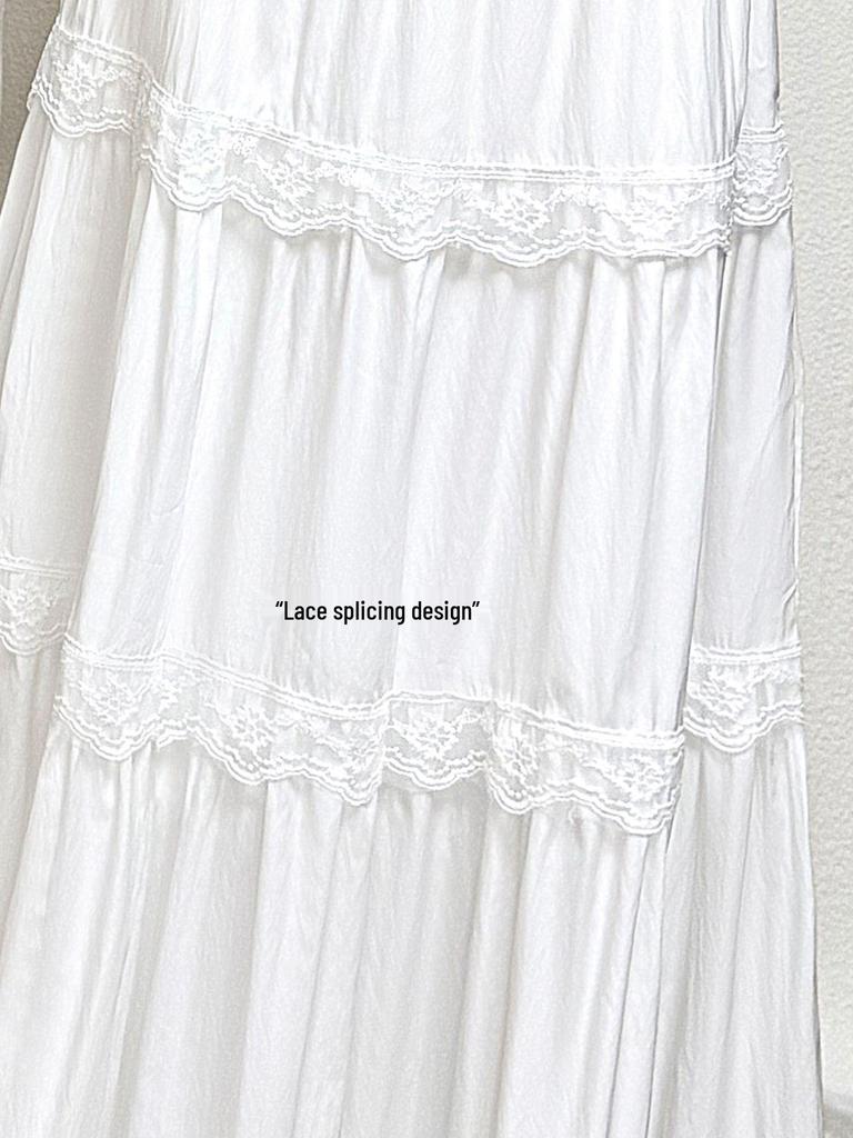 Ballet-Inspired White Lace Patchwork A-line Midi Skirt for Spring/Summer 2026