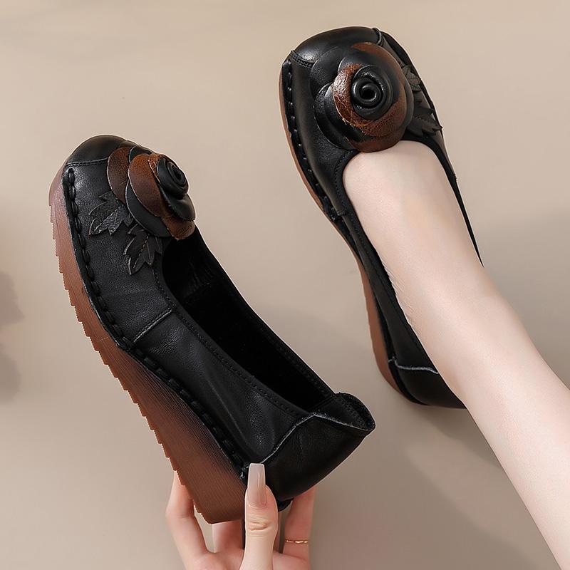 Fashion Rose flower slip on flats women's autumn genuine leather shoes woman shallow wedge heels ladies elegant retro moccasins loafers
