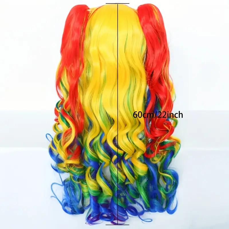 Rainbow Wig Long Curly Synthetic Wig with Bangs for Women Colorful Wigs Wavy Rainbow Multi Colorful Wigs with Hairnet