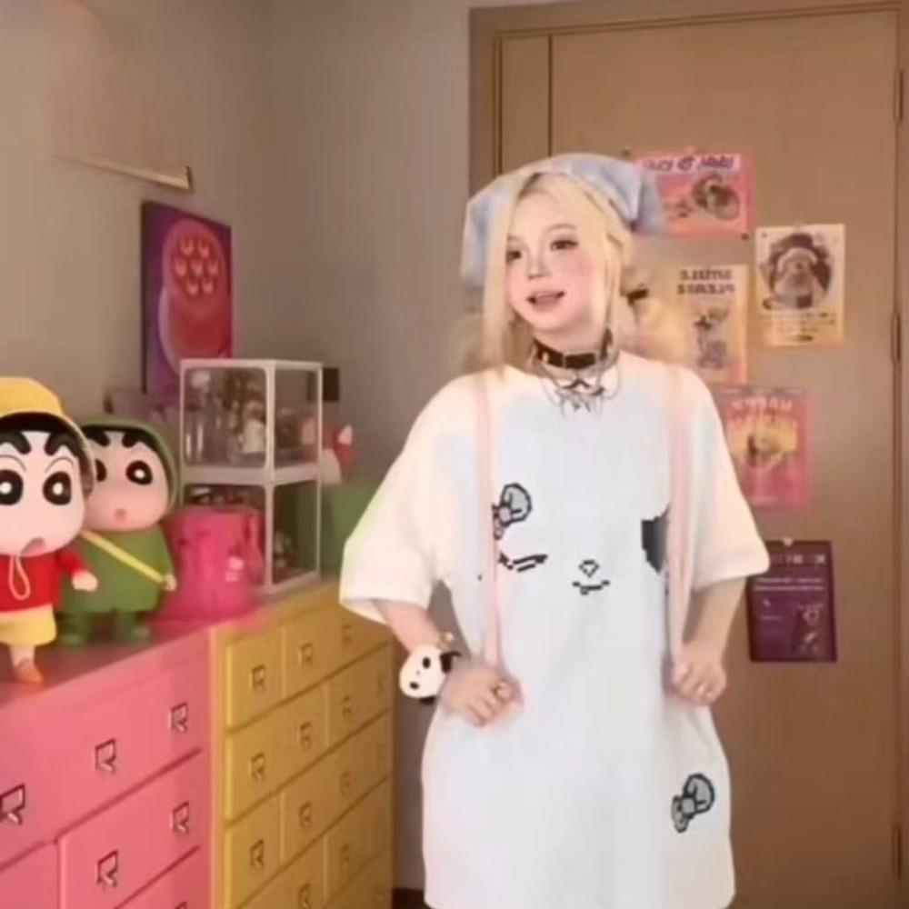 Y2k Aesthetic Contrast Color T-shirt Harajuku Vintage Skull Tops Women Kawaii Print Casual Loose Fairy Grunge Streetwear Tops