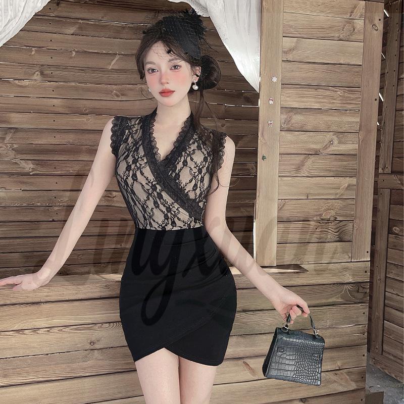 Elegant Lace V-neck Sleeveless Dress XL чёрный