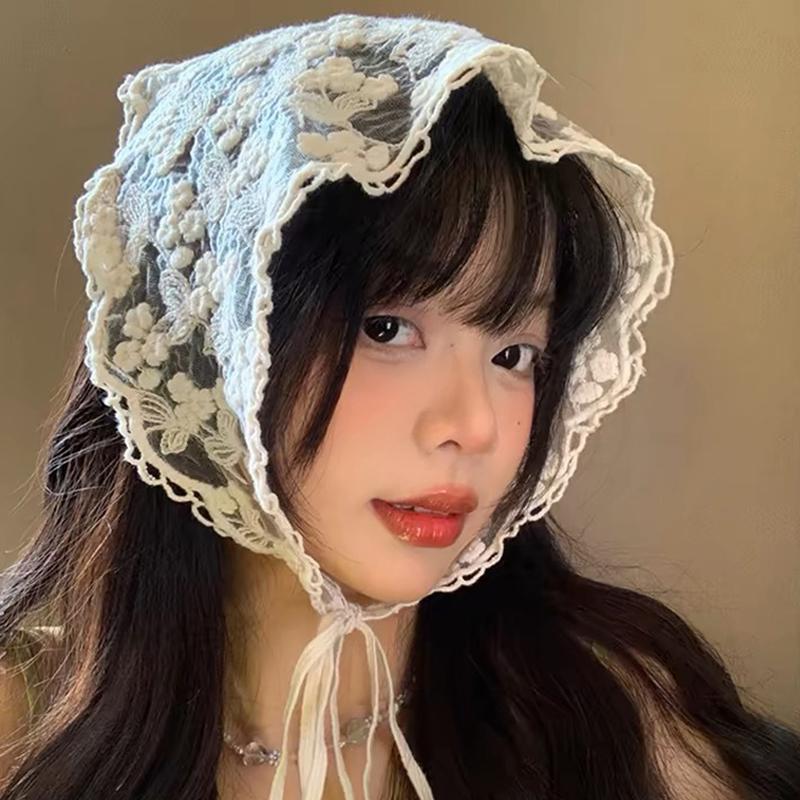 

Летний белый цветочный кружевной платок для волос для женщин, ретро-треугольный платок, бандана, корейский Ins, повязка на голову для фото, аксессуары для волос