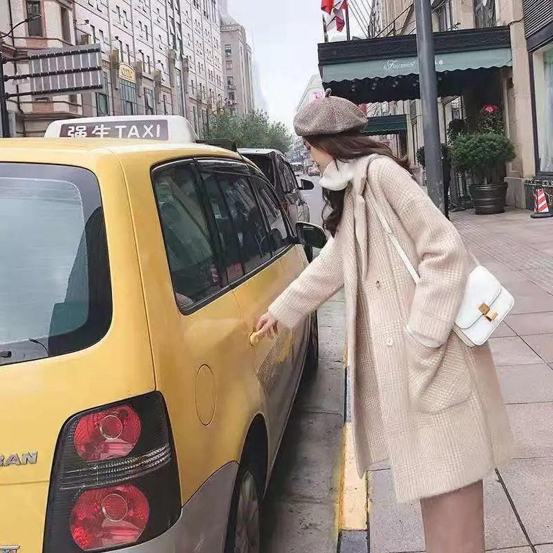 Faux Mink Cashmere Popular Plaid Coat Winter Women's New Korean Version of The Coat Long Lapel Woolen Coat