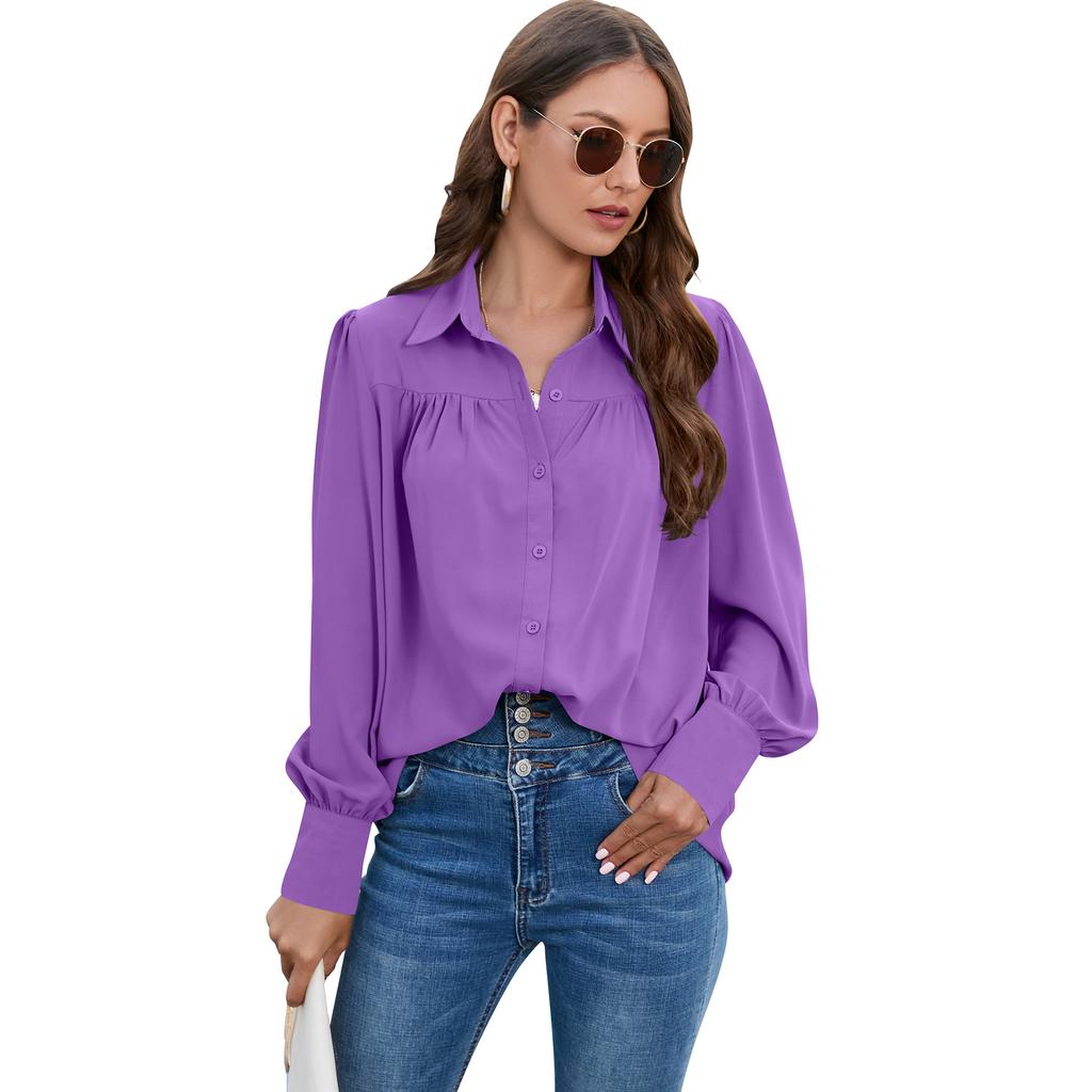 Spring and Autumn Women's Shirt Pleated Long Sleeve Blouse Tops Temperament Elegant Plus Size