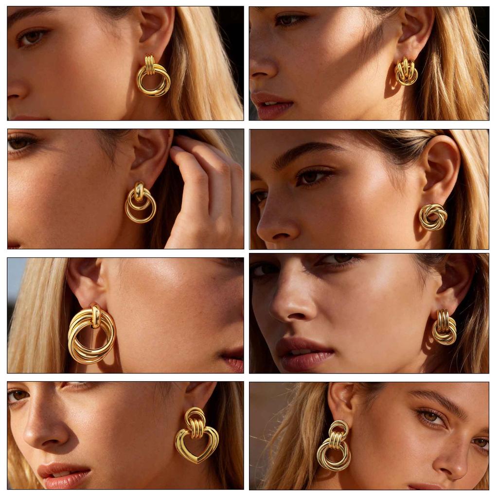 Chunky 18K Gold Plated Twist Knot Stud Earrings for Women, Geometric Textured Stainless Steel Waterproof Vintage Jewelry