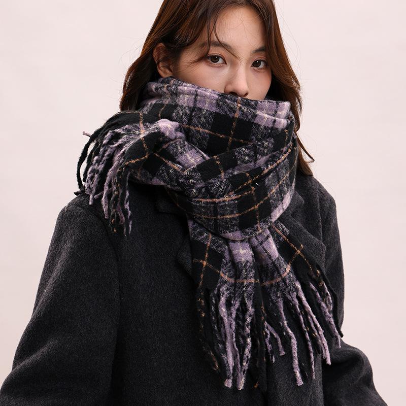 Taro purple high-end scarf women's winter woven wool versatile plaid shawl soft waxy retro warm scarf