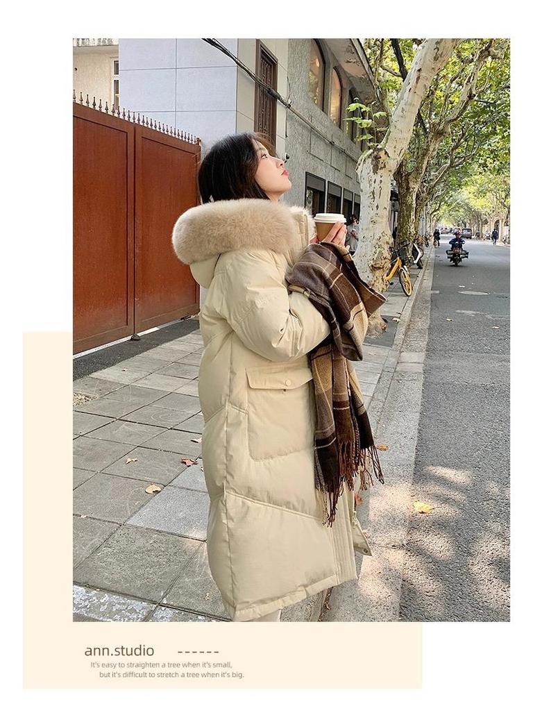 2025 Women's Korean Style Winter Down Jacket: Mid-Length, Hooded, with Large Fur Collar, Loose Fit, Thick and Warm.