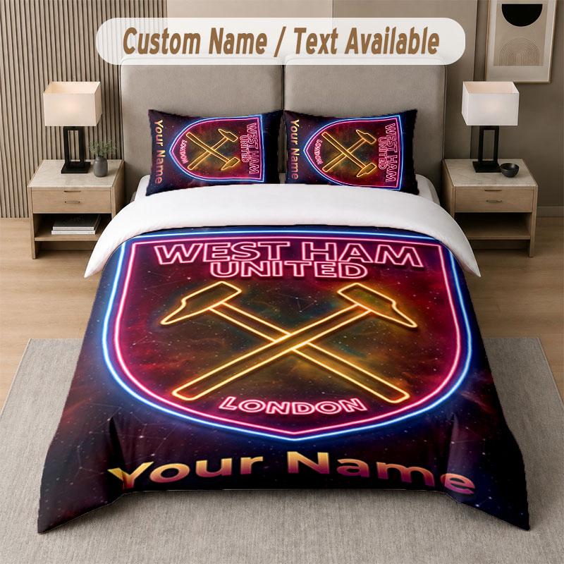 Custom Bedding Set West Ham United FC Pattern, Print Name Text 1 Duvet Cover plus 2 Pillowcases Home Textile