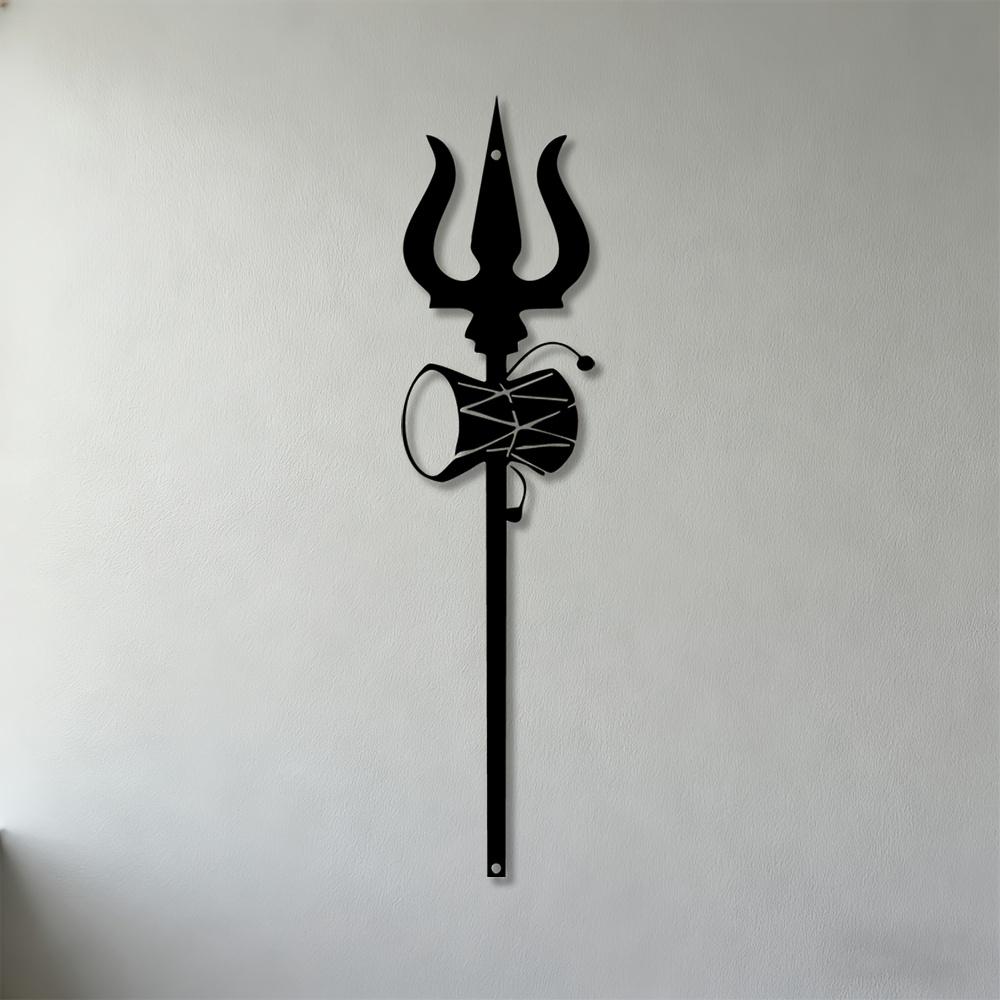 1pc 2D Flat Hindu Trishul Damaru Metal Wall Sculpture Iron Wall Mounted Art for Living Room Bedroom Office Temple Decor Religious Cultural Gift