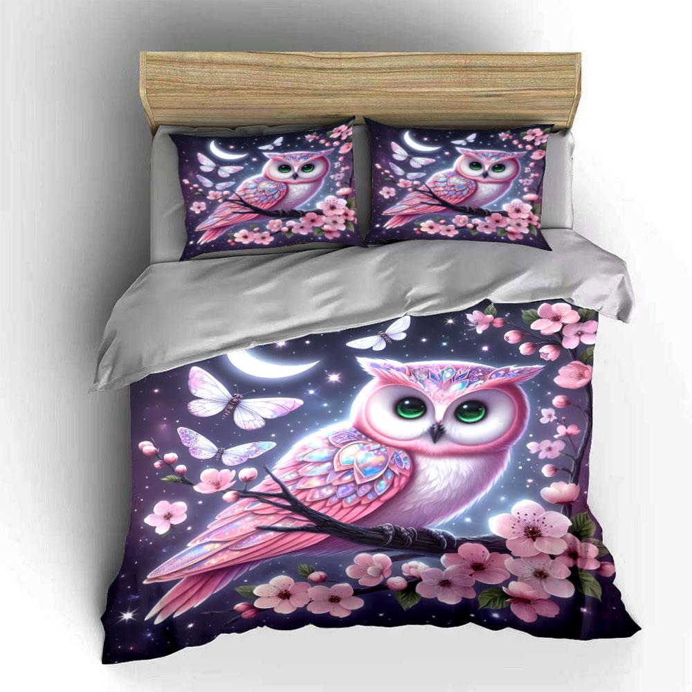 Pink owl with cherry blossoms Bedding Set for Kids Luxury Gift 3pcs Digital Print Comforter Set Soft Comfortable Breathable