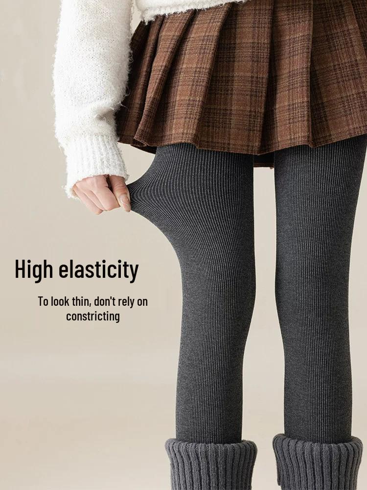 Women's Fleece-Lined Vertical Stripe Leggings, Footed, Plus-Size, Slimming, Thick, Warm, for Autumn/Winter Wear.