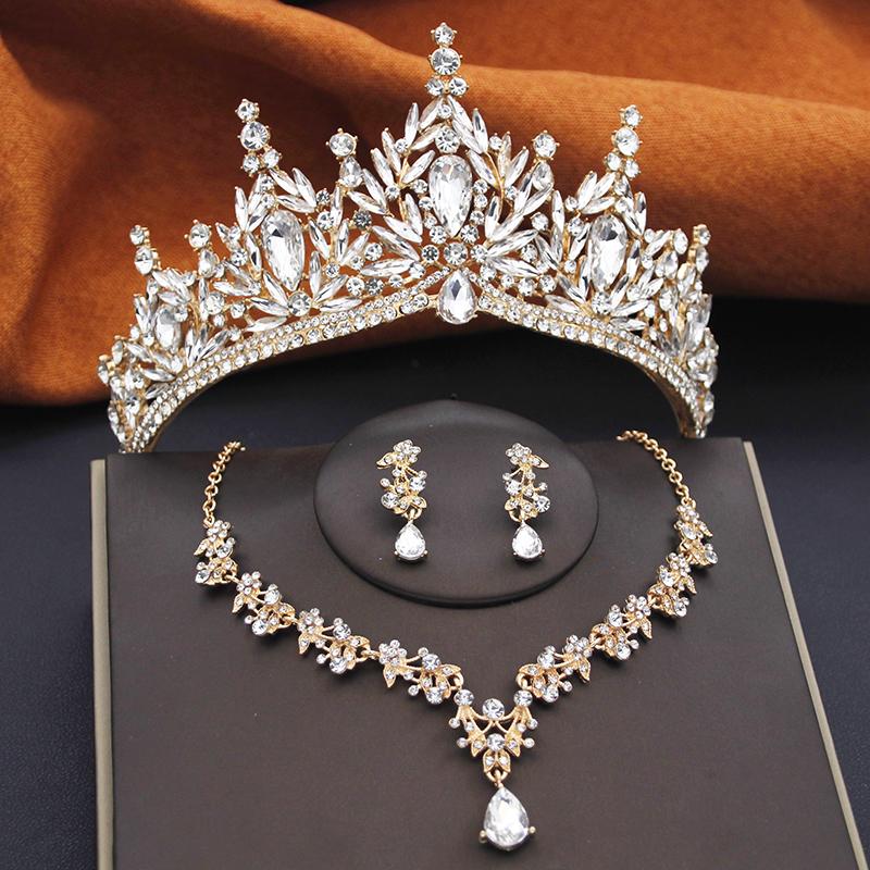 Gorgeous Water Drop Tiaras Bridal Crown with Necklace Earring Sets Wedding Bride Jewelry Set for Women Party Birthday Gifts