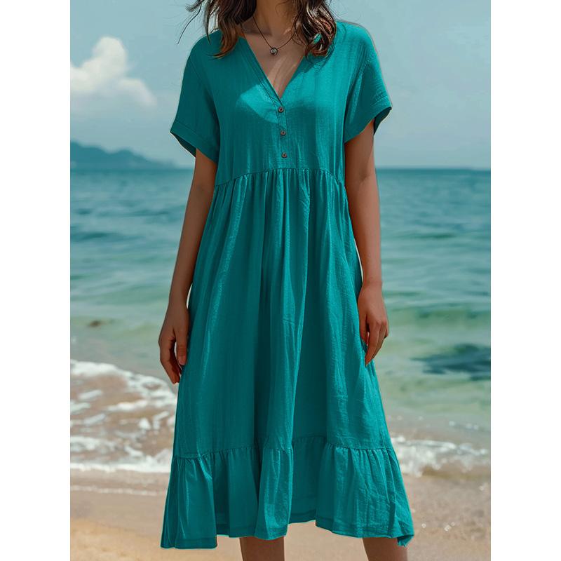 Women's Plus Size Linen Blend Patchwork Smocked Maxi Dress Short Sleeve Loose Fit Casual Summer