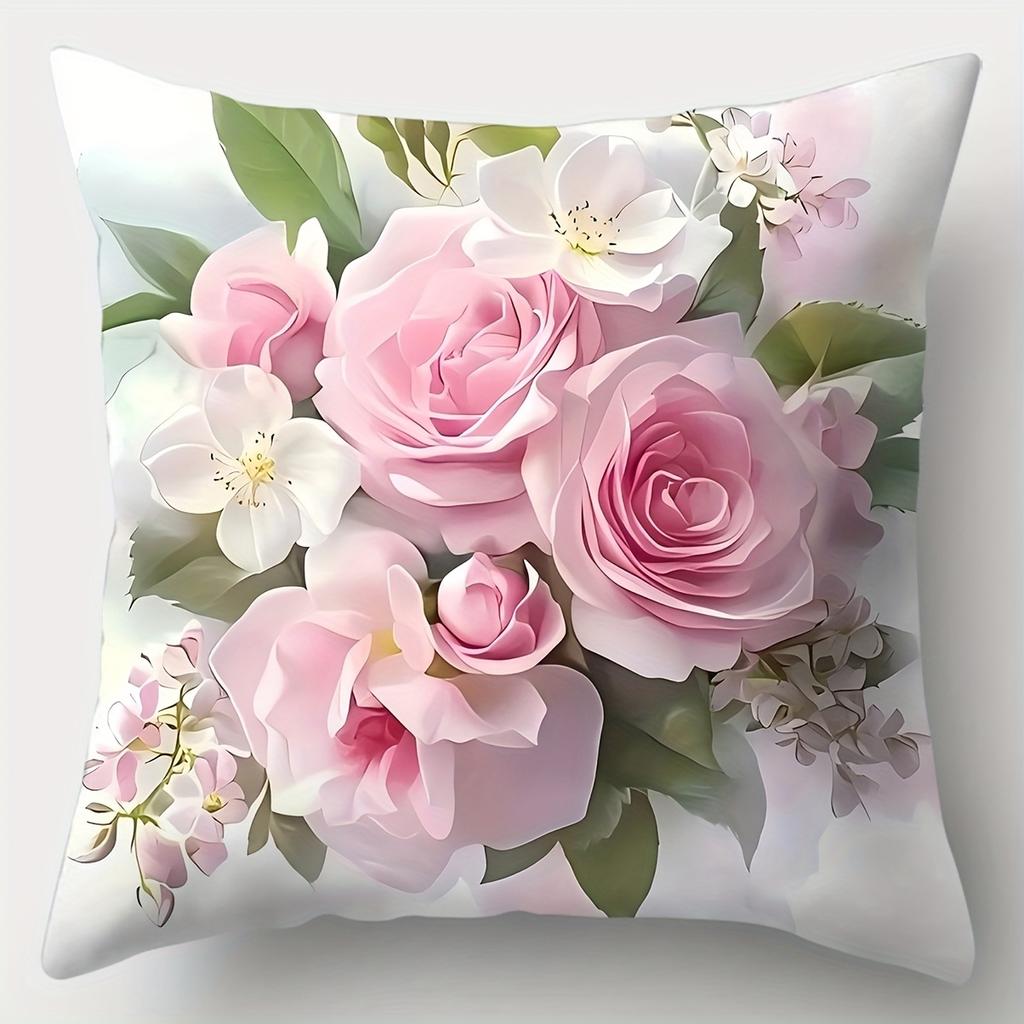 Elegant Pink Rose White Floral Pillow Covers Polyester Zip Closure Cushion Cover Contemporary Living Room Decorative Pillowcase