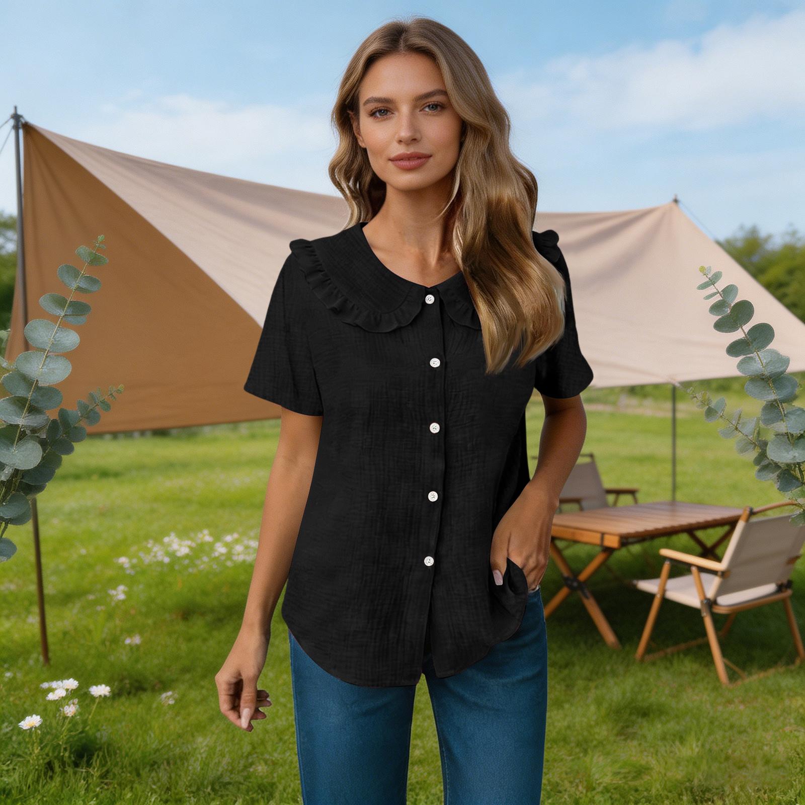 

Women Summer Short Sleeve Shirt Dress Style Blouse Ruffle Collar Button Front Closure Casual Loose Fit Textured Top M чёрный