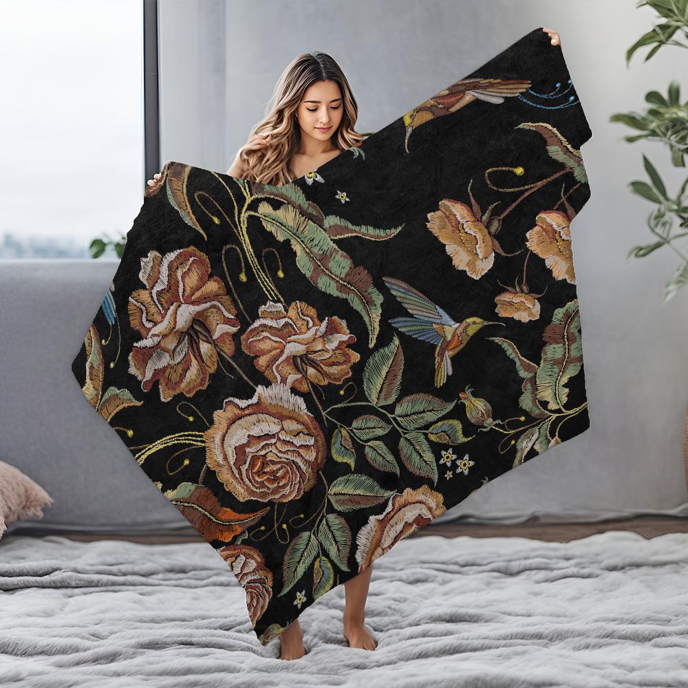 Embroidered Floral Velvet Throw Blanket Dark Floral Pattern Sofa Bed Living Room Decor Gift