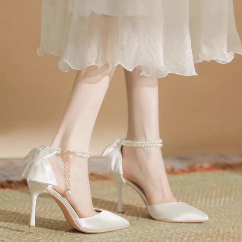 New Women Thin Heel Hollow Sandals Woman Pearl Butterfly Pointed Toe High Heels Pumps Womens Drees Shoes Wedding Shoes