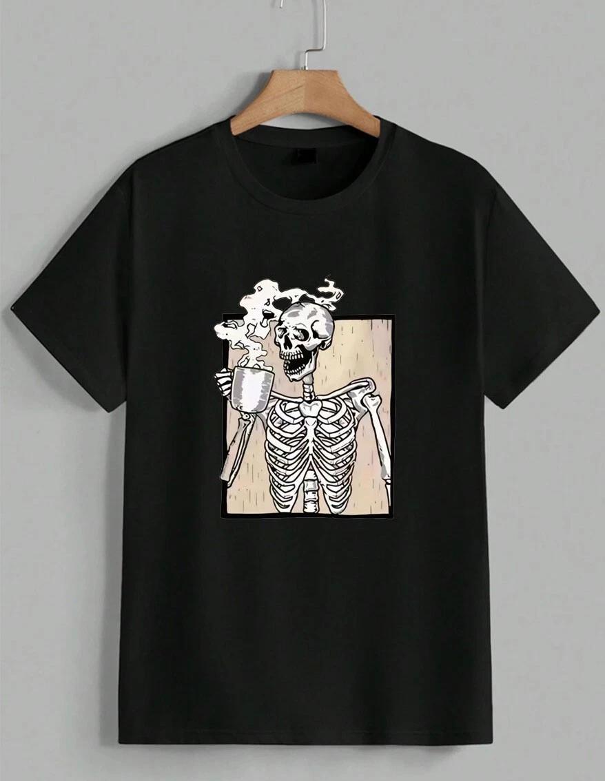 Skeleton Drinking Coffee T-Shirt Funny Skull Graphic Tee Morning Humor Unisex L