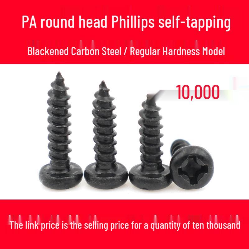 10,000 Blackened Carbon Steel Phillips Round Head Self-Tapping Screws for Woodworking, Furniture, and Electronics.
