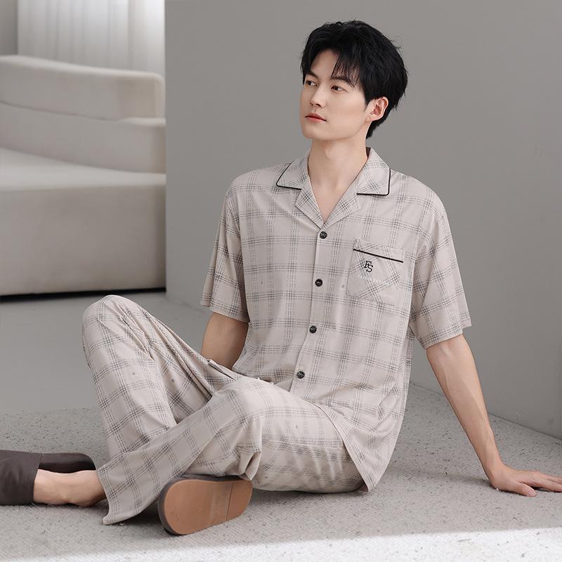 Modal men's pajamas summer thin short-sleeved trousers cold silk cool casual large size dad loungewear set