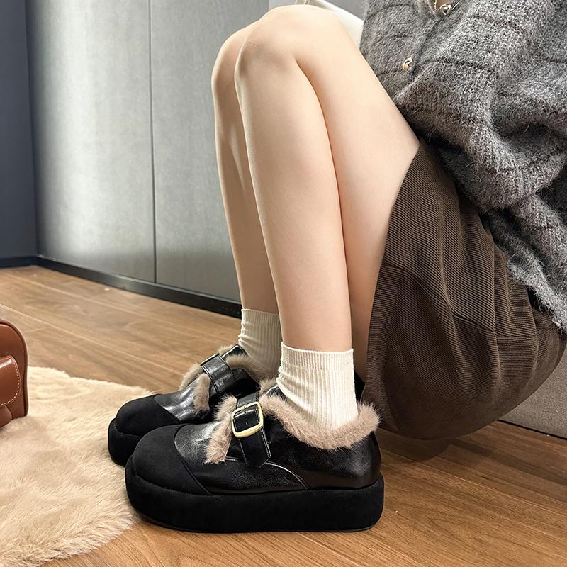 Neues Design Warme Baumwolle Damen Plateau Flats Mode Gürtelschnalle Partyschuhe Herbst Winter Damen Komfort Slipper Fellschuhe