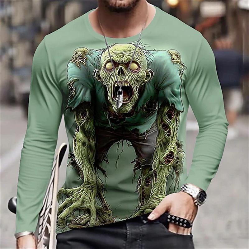 Monster Print Casual Men's Long-sleeved T-shirt Outdoor Vacation Round-neck Long-sleeved Spring and Autumn Clothing