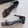 Cowhide Version~ French Simple Square Head Open-toed One-word Sandals Women's Summer Versatile Beach Thick Heel Sandals