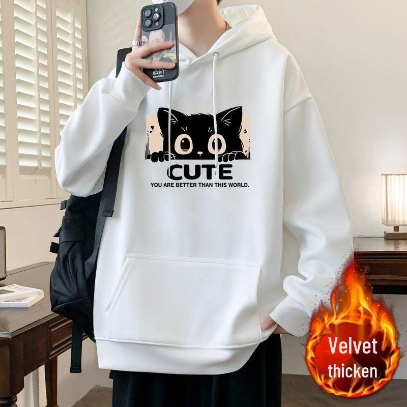 Unisex Thickened Fleece-Lined Cotton Hoodie with Kitten Print - Loose Fit for Autumn/Winter