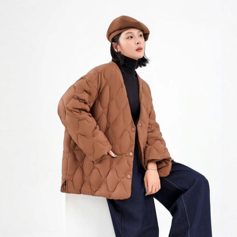 Womens Lightweight Down Coat Winter Warm Loose Fit Mid-Length V-Neck Duck Jacket Black Caramel Beige Gray Coffee