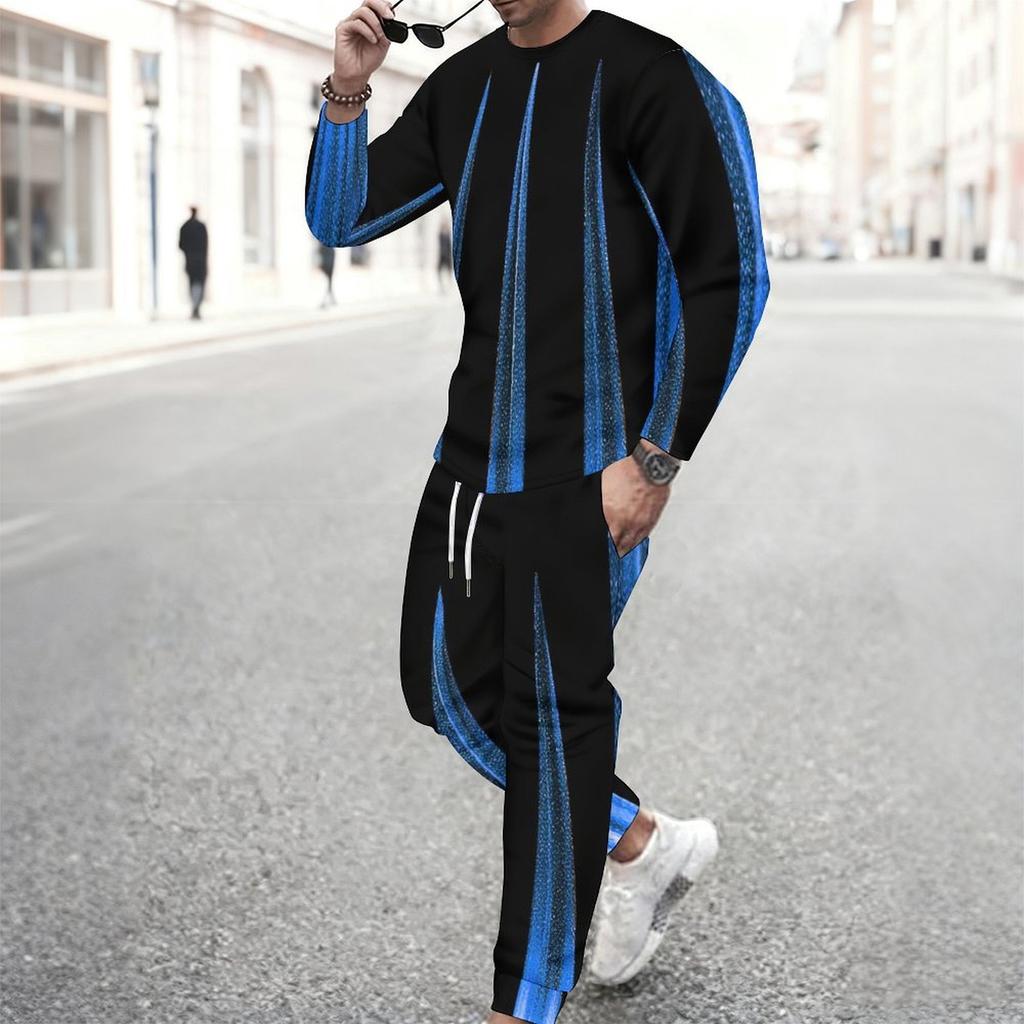 Men Black Cyan Brush Stroke Drip Gradient Print Long Sleeve Sweatshirt Jogger Pants Two Piece Suit