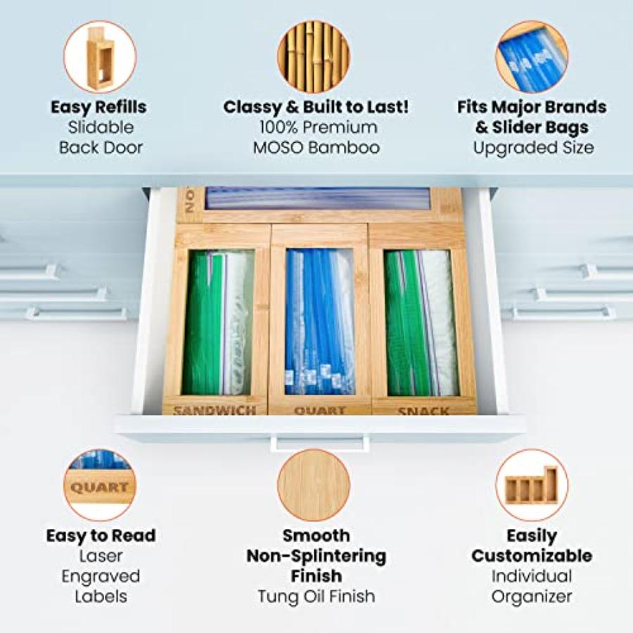 mHomeAid Bag Storage Organizer Bamboo Food Plastic Baggie Holder Dispenser Container for Kitchen Drawer Fits Ziplock Gallon Qua