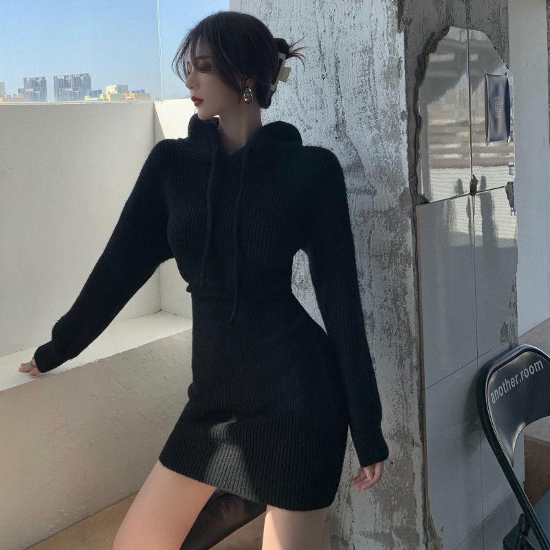 Svetrové šaty Dámské Francouzské High-end Malá vůně Pletený svetr bokové šaty Podzimní a zimní šaty Pulovr Žena