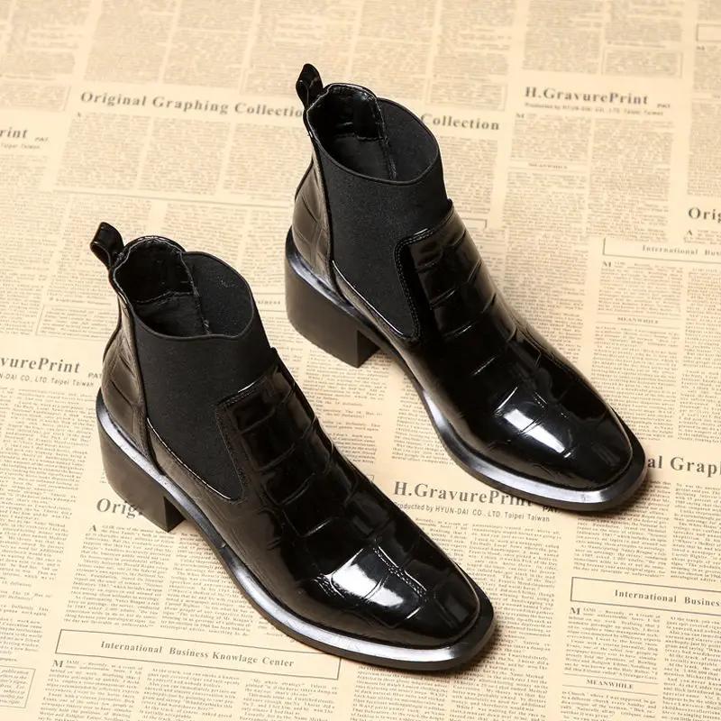 Women Round Toe Block Low Heel Chelsea Boots Black Slip On Patent Leather Ankle Boots Comfortable Non-Slip Shoes