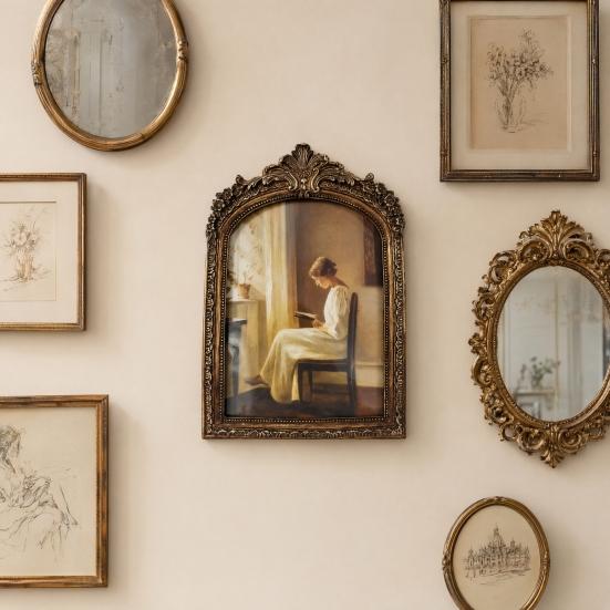 Large Vintage Picture Frame Retro Arched Po Frame for Tabletop/Wall Mounting Embossed Resin