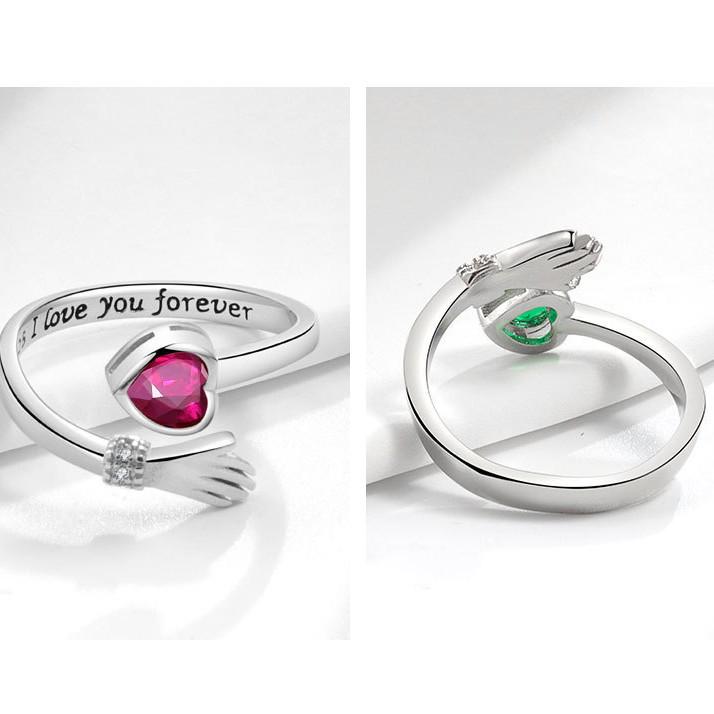 Diamond-Studded Heart Hug Ring with Engraved Letters and Birthstone for Couples
