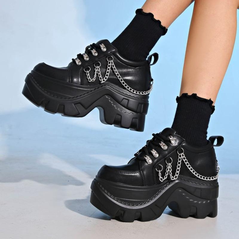 Fashion Platform Metal Chain Single Shoes Autumn New Round Toe Lace Up Punk Style Sneakers for Women 8cm Chunky High Heeled Zapatillas