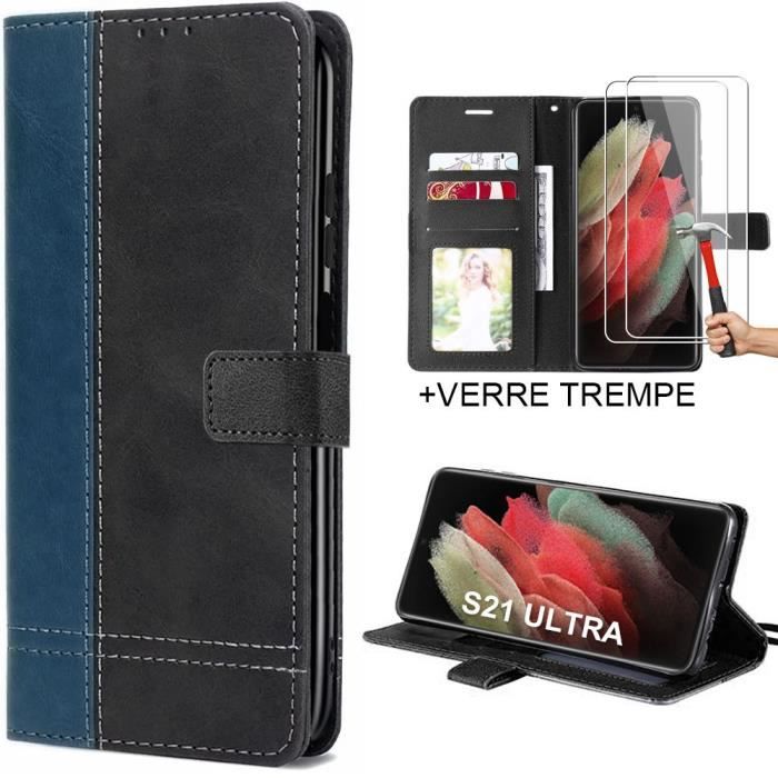 Coque pour Samsung Galaxy S21 Ultra avec 2 Verres Trempés, Antichoc Intégral Synthécuir Bleu Marine
