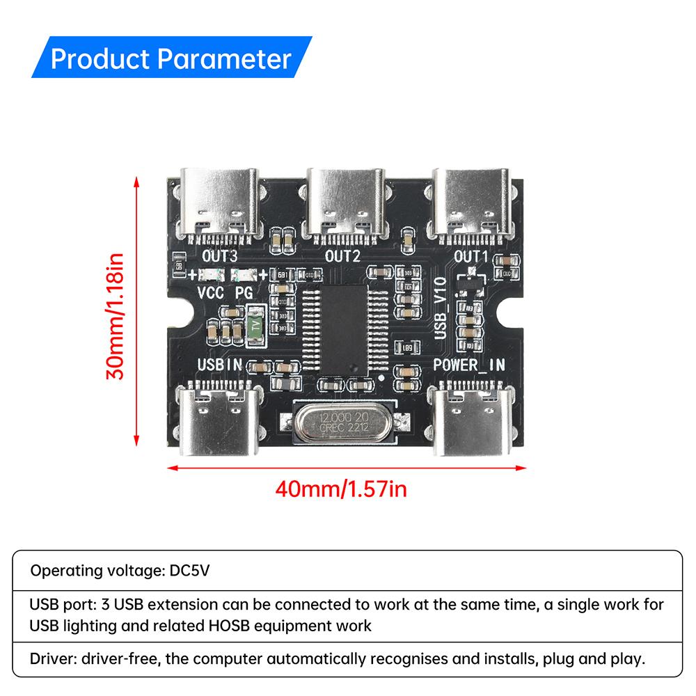 USB-Erweiterungsplatine Hub 1 Eingang 3 Ausgänge Erweiterungsmodul für Raspberry Pi 4/5 Generation USB-HUB 1 zu 3 Stromverteiler Typ-C