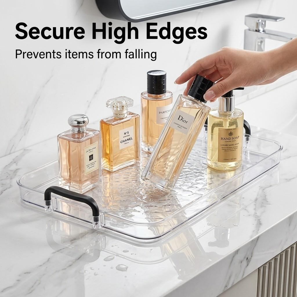 Clear Plastic PET Vanity Tray Bathroom Counter Organizer with Handles Desktop Makeup Cosmetics Skincare Perfume Storage Box