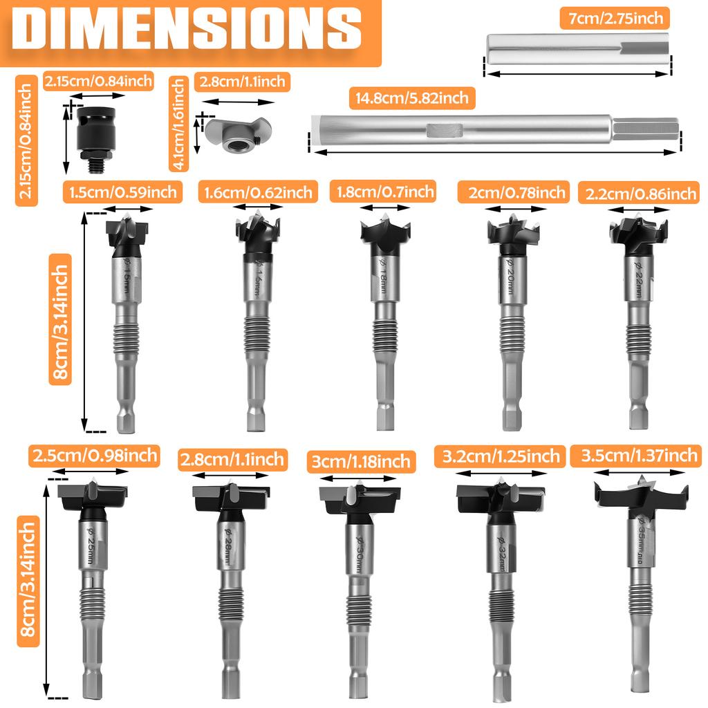 1 to 15Pcs Drill Bit Hinge Boring Bit Hole Saw Cutter Hex 1/4in Shank Woodworking Tool Woodworking Drill Bit Hole Cutting Tool