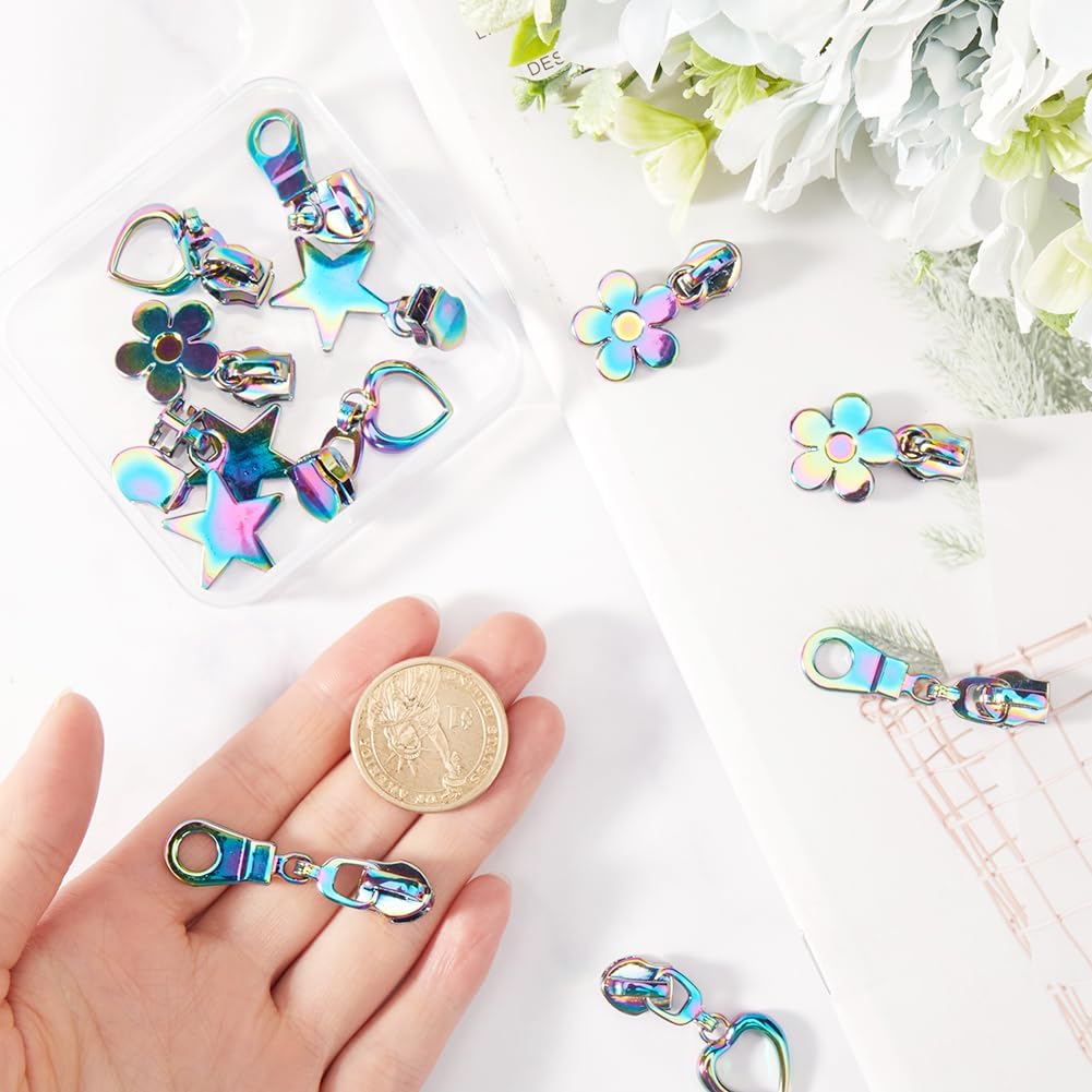 GORGECRAFT 1 Box 12Pcs 4 Styles #5 Rainbow Zipper Star Flower Heart Teardrop Shape Zipper Sliders Pull Head Replacement Metal Zip Mend Repair for