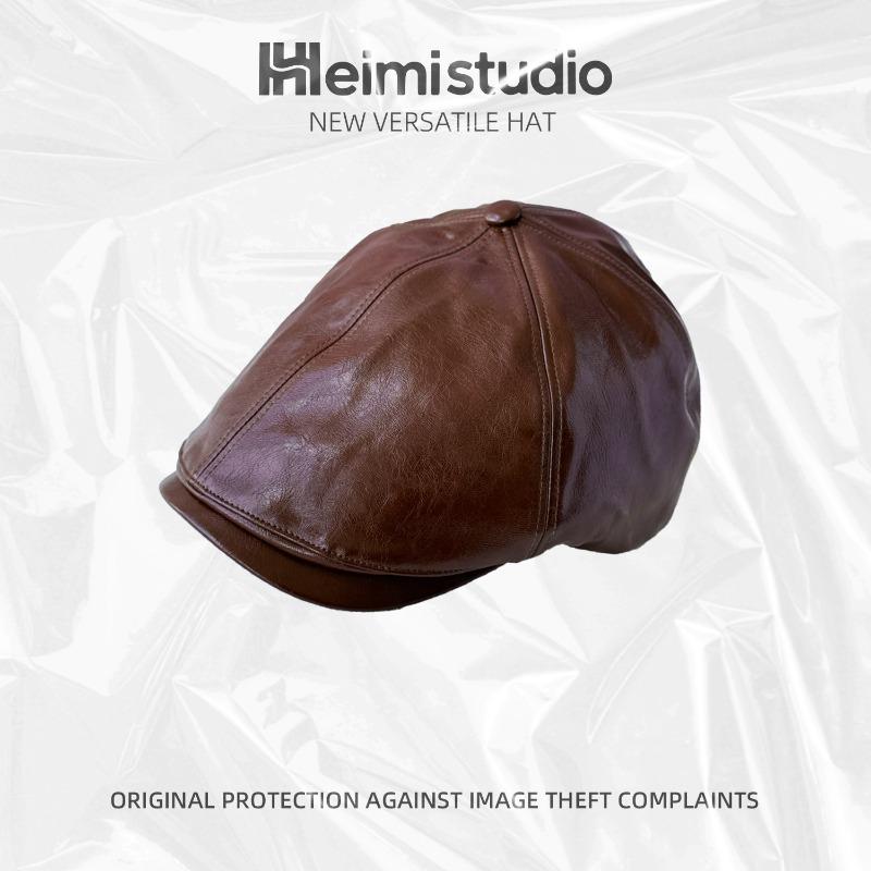 Vintage street trendy hat leather forward hat men's and women's autumn shiny leather beret fashion versatile painter hat